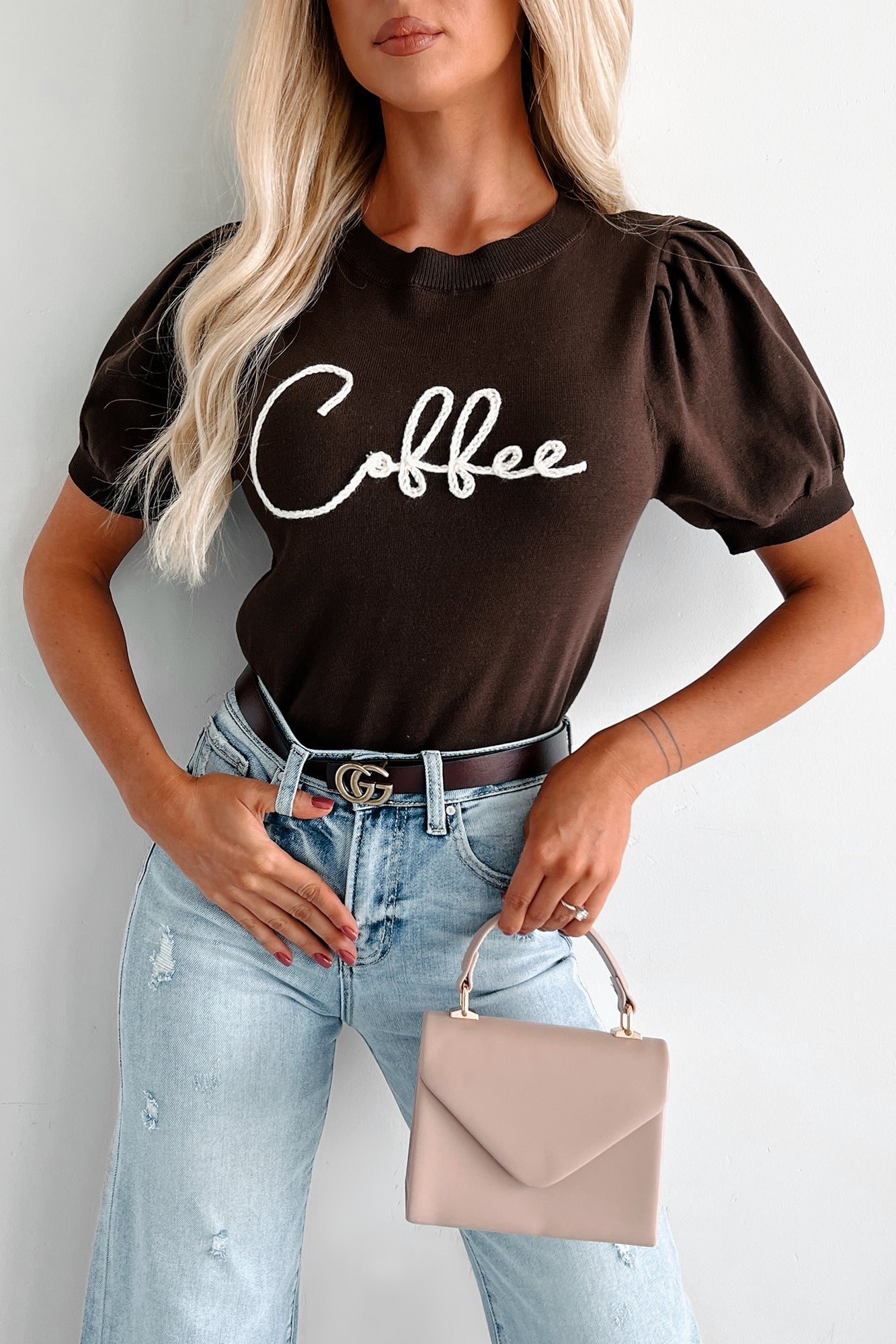 Drink Of Choice 'Coffee' Embroidered Sweater Top (Chocolate/Ivory) - NanaMacs