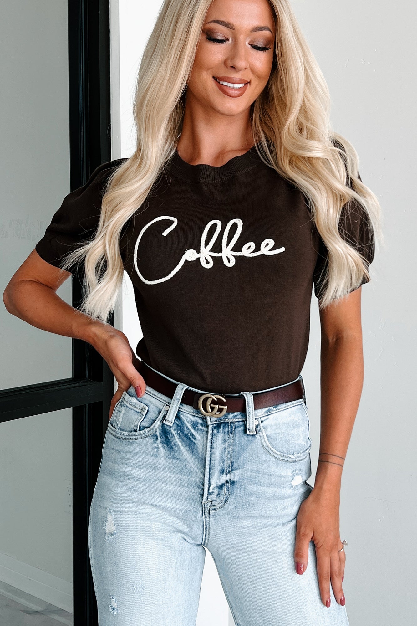 Drink Of Choice 'Coffee' Embroidered Sweater Top (Chocolate/Ivory) - NanaMacs