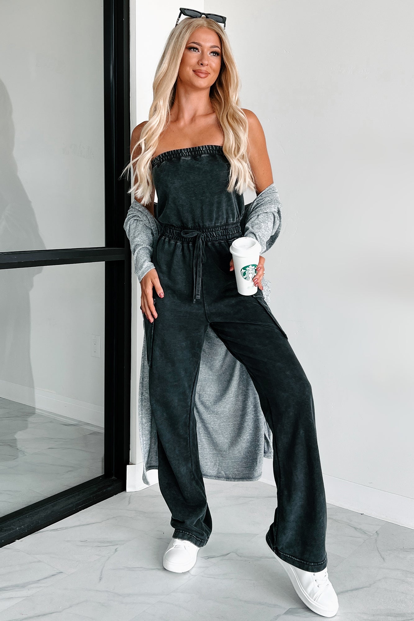 Cleared My Schedule Washed Tube Top Jumpsuit (Black) - NanaMacs