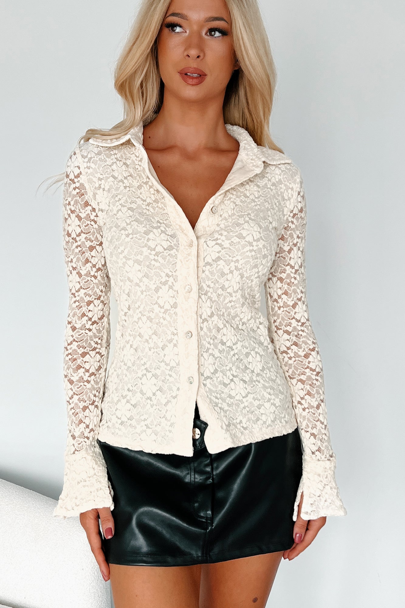 Covetable Looks Floral Lace Button Down Top (Cream) - NanaMacs