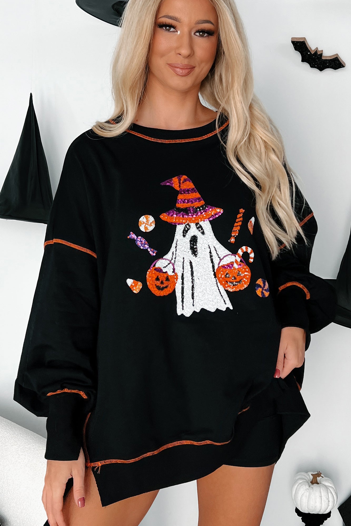 Friendly Spookies Sequin Halloween Crewneck (Black) - NanaMacs