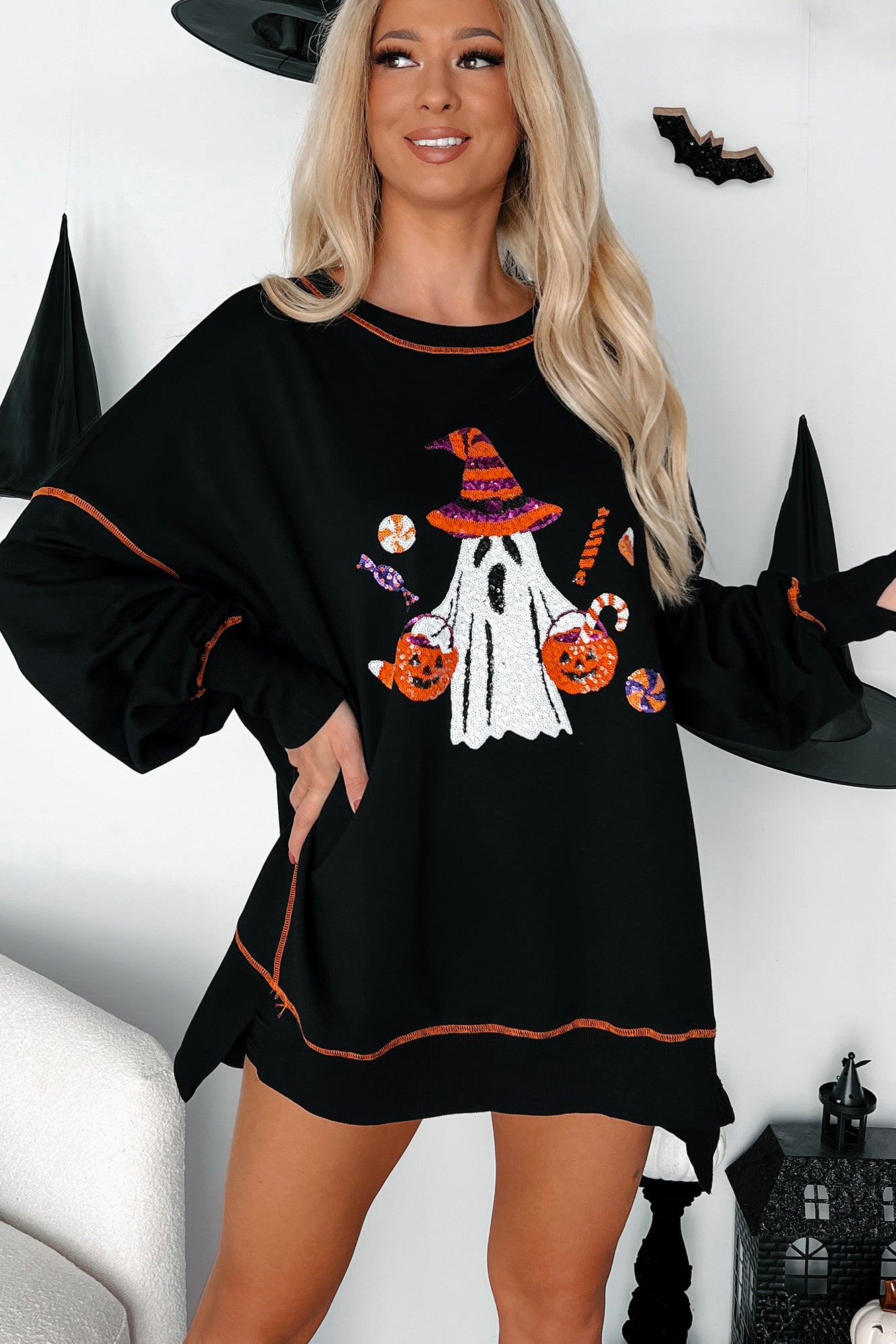 Friendly Spookies Sequin Halloween Crewneck (Black) - NanaMacs