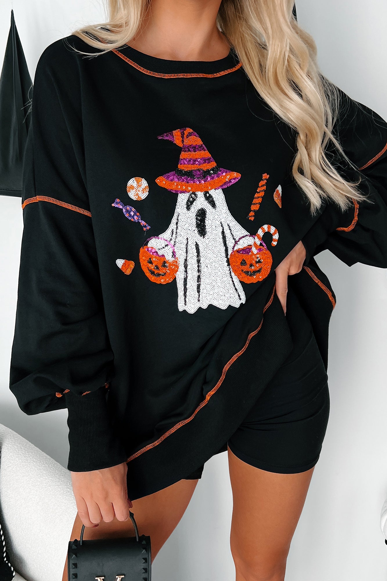 Friendly Spookies Sequin Halloween Crewneck (Black) - NanaMacs