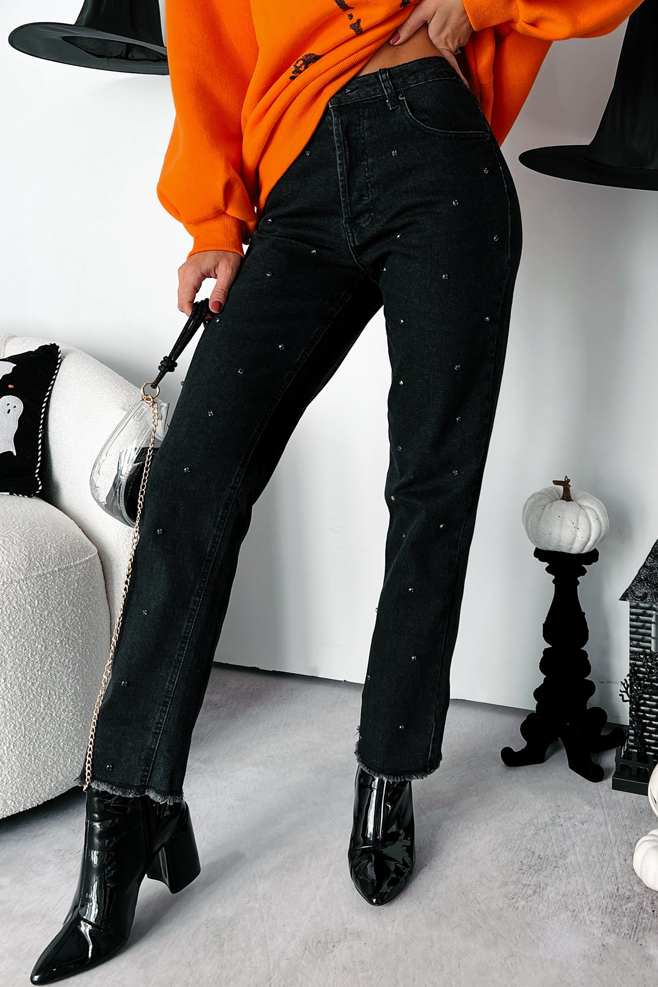 Always Relevant Embellished Straight Leg Jeans (Washed Black) - NanaMacs