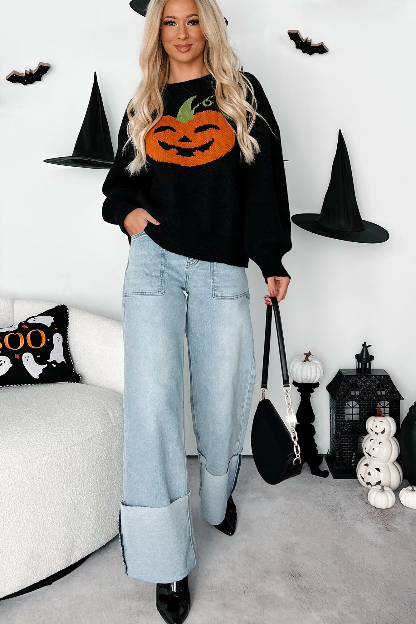 Carving Smiles Knit Halloween Sweater (Black) - NanaMacs