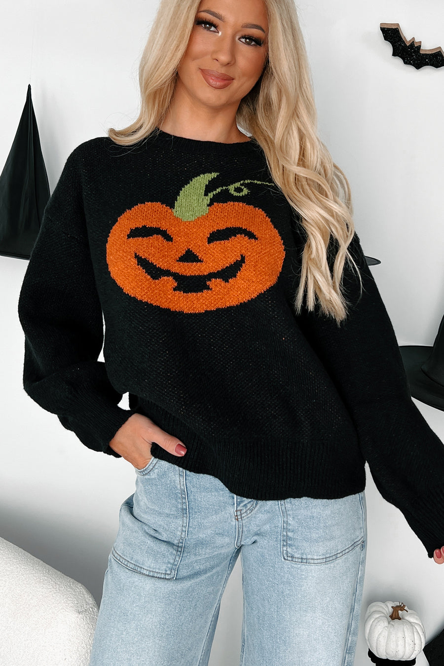 Carving Smiles Knit Halloween Sweater (Black) - NanaMacs