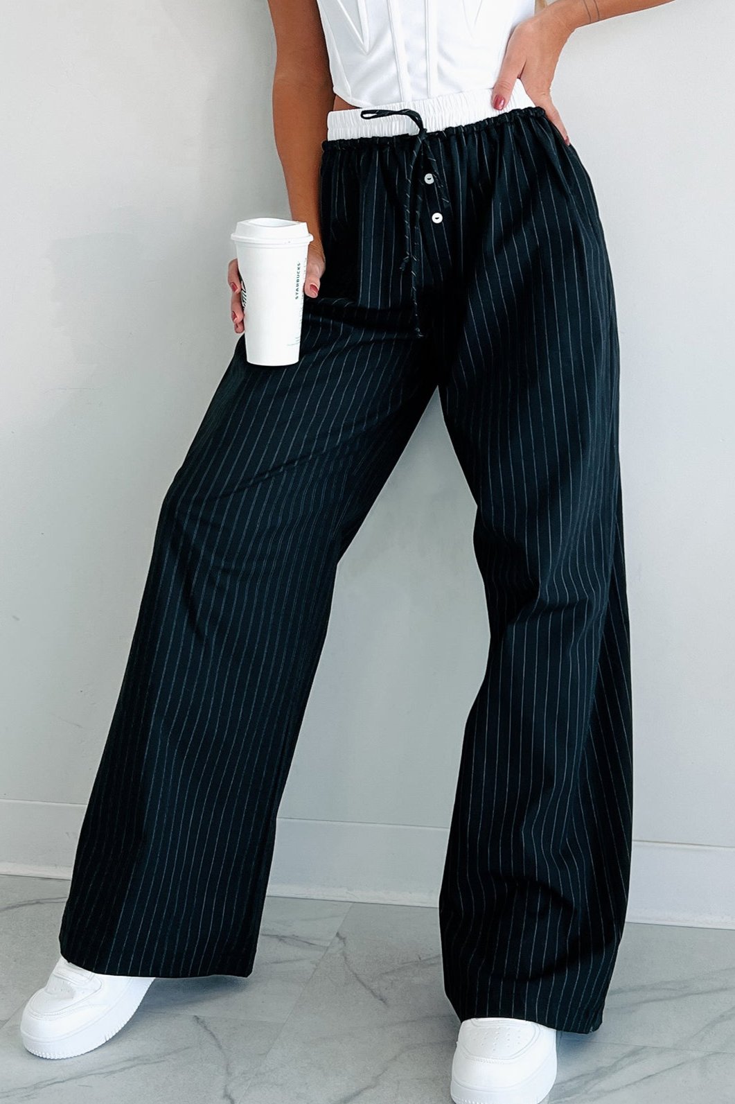 Straight Chillin Wide Leg Pinstripe Pants (Black/White) - NanaMacs