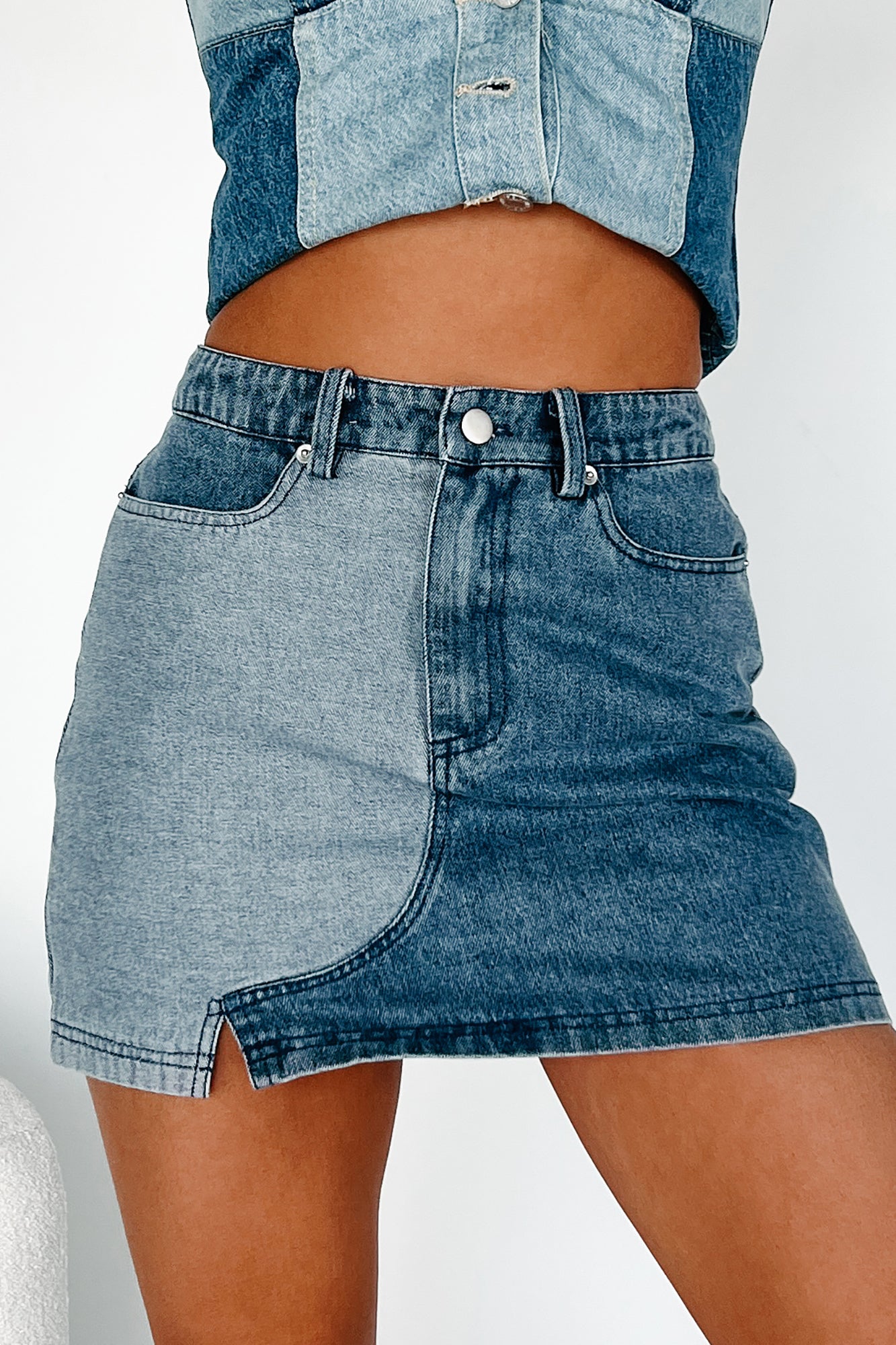 Talk About It Colorblock Denim Mini Skirt (Denim)