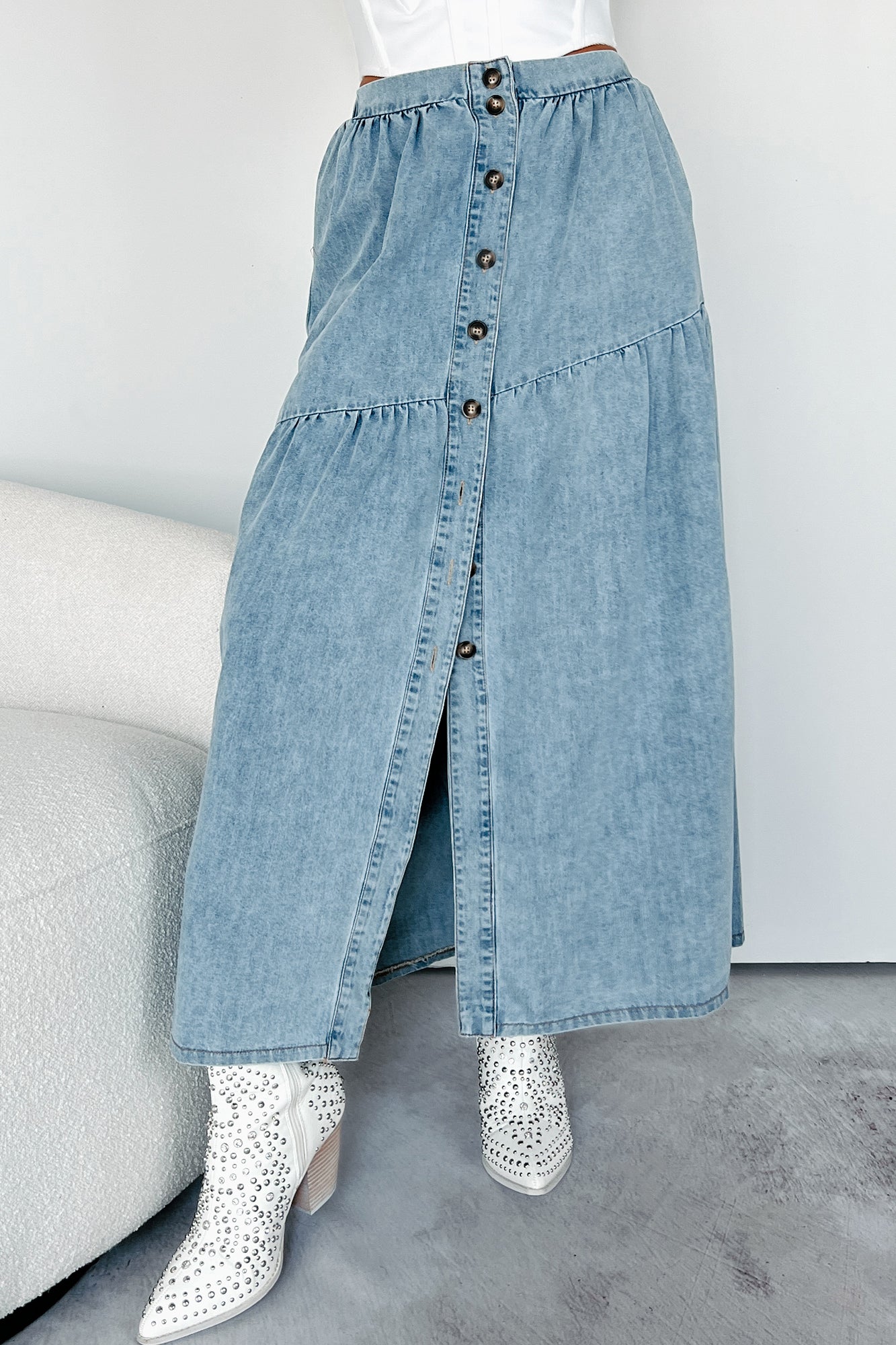 Jolene Button Up Denim Midi Skirt (Denim)