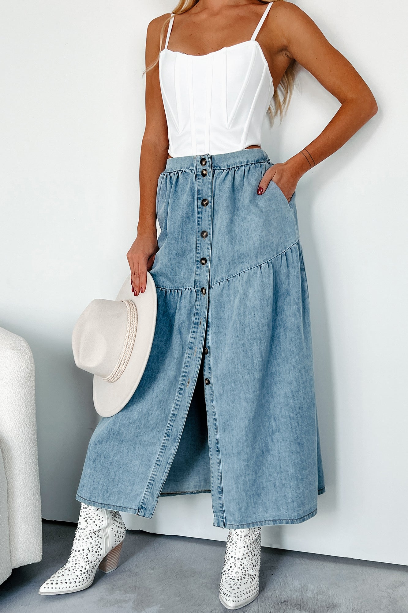 Jolene Button Up Denim Midi Skirt Denim NanaMacs
