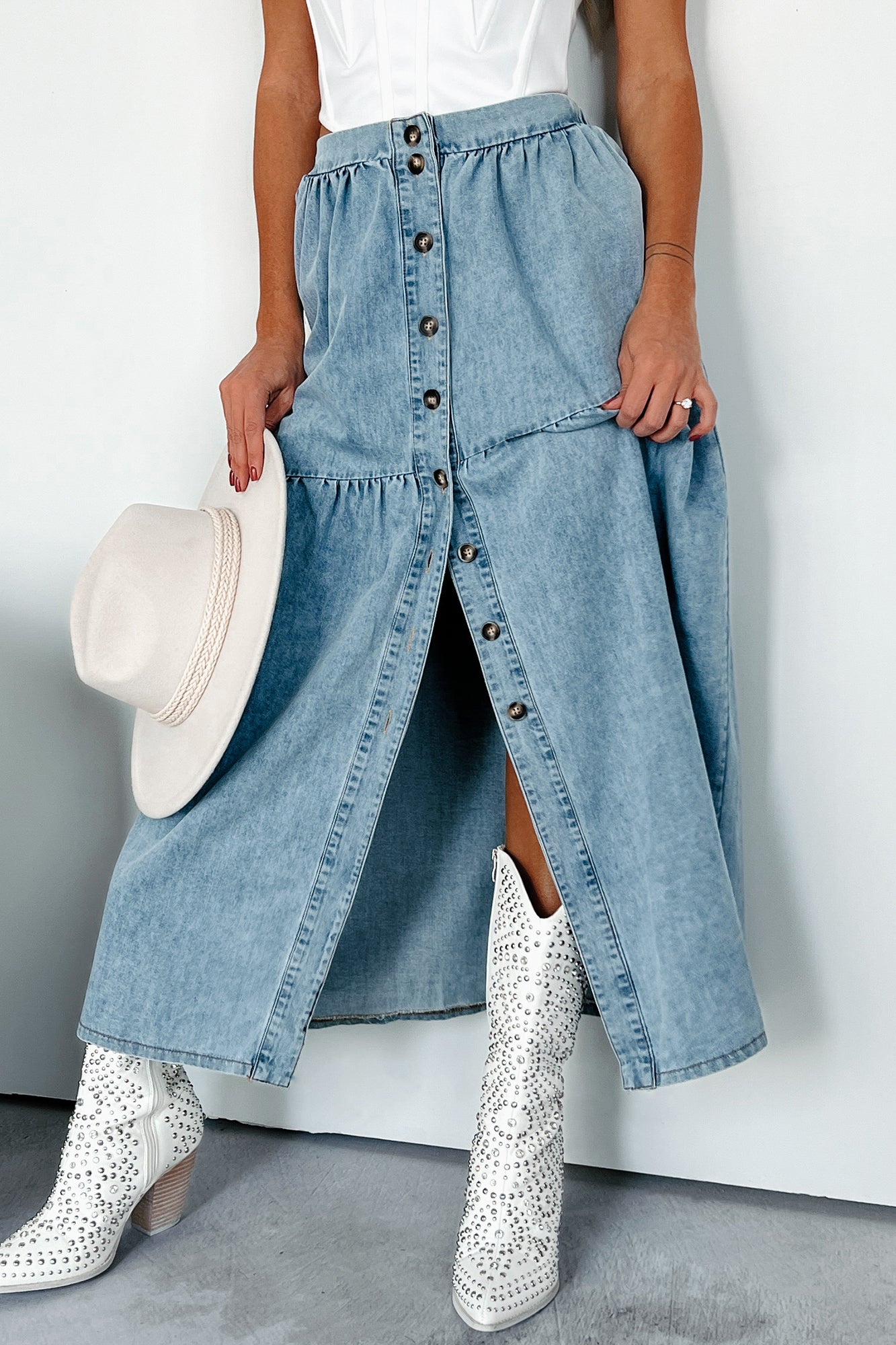 Jolene Button Up Denim Midi Skirt (Denim)