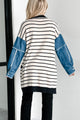 Causing Confusion Striped Denim Sleeve Cardigan (Cream/Navy) - NanaMacs