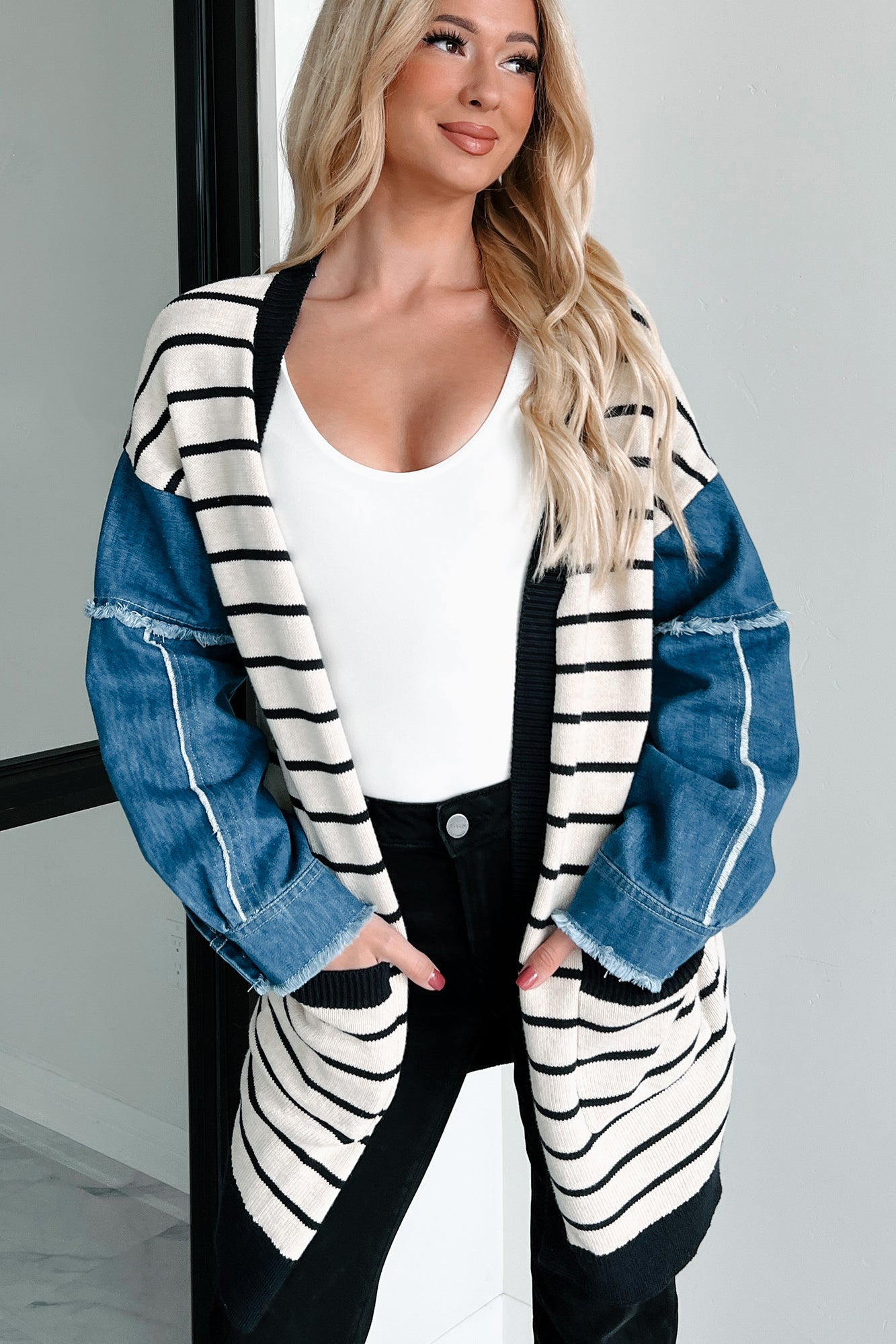 Causing Confusion Striped Denim Sleeve Cardigan (Cream/Navy) - NanaMacs