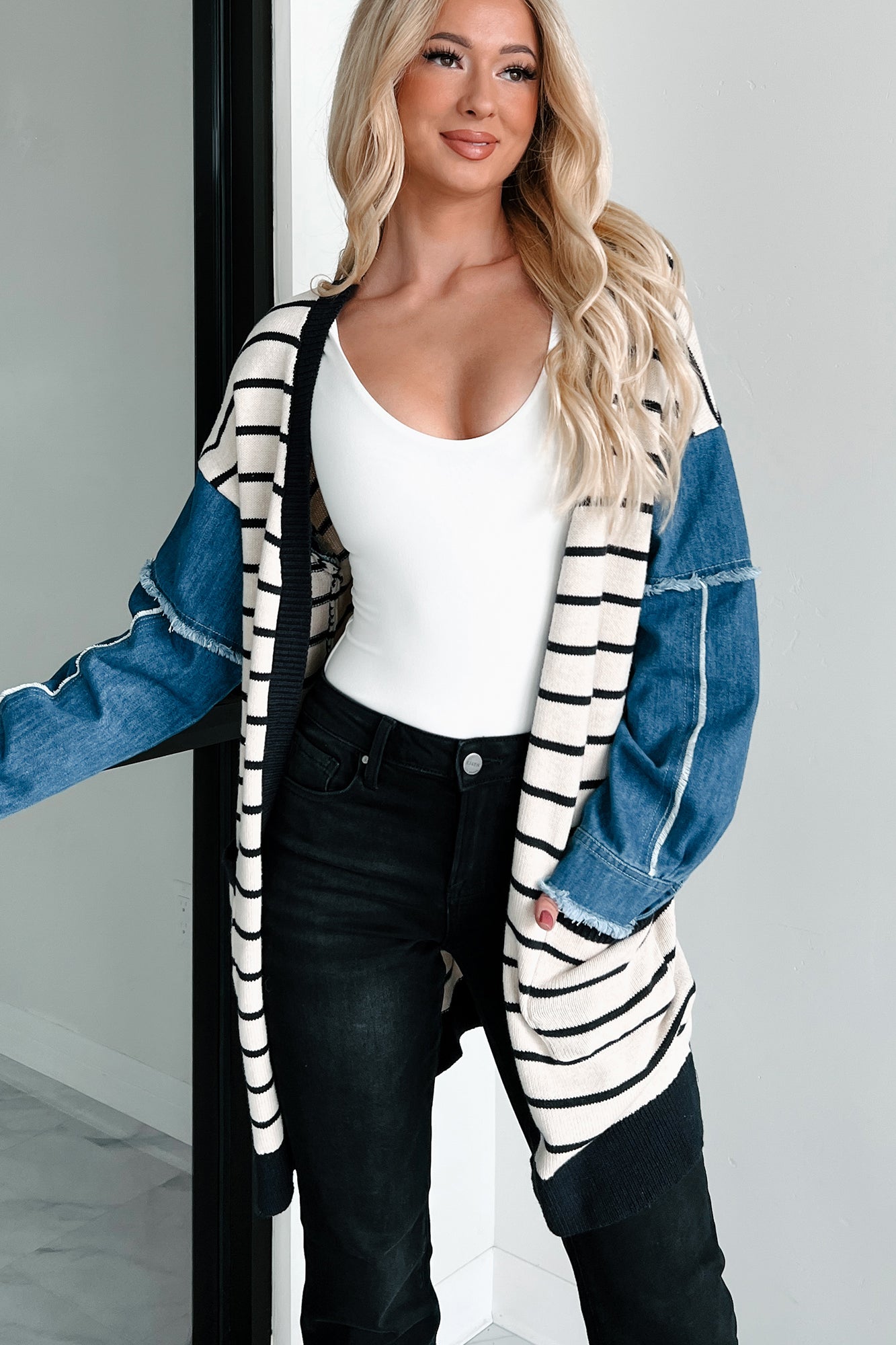 Causing Confusion Striped Denim Sleeve Cardigan (Cream/Navy) - NanaMacs