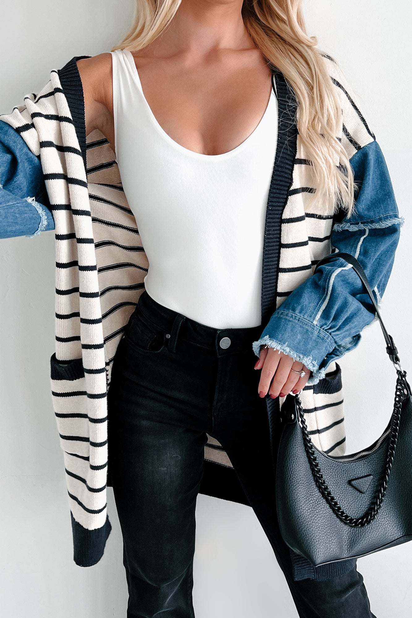 Causing Confusion Striped Denim Sleeve Cardigan (Cream/Navy) - NanaMacs