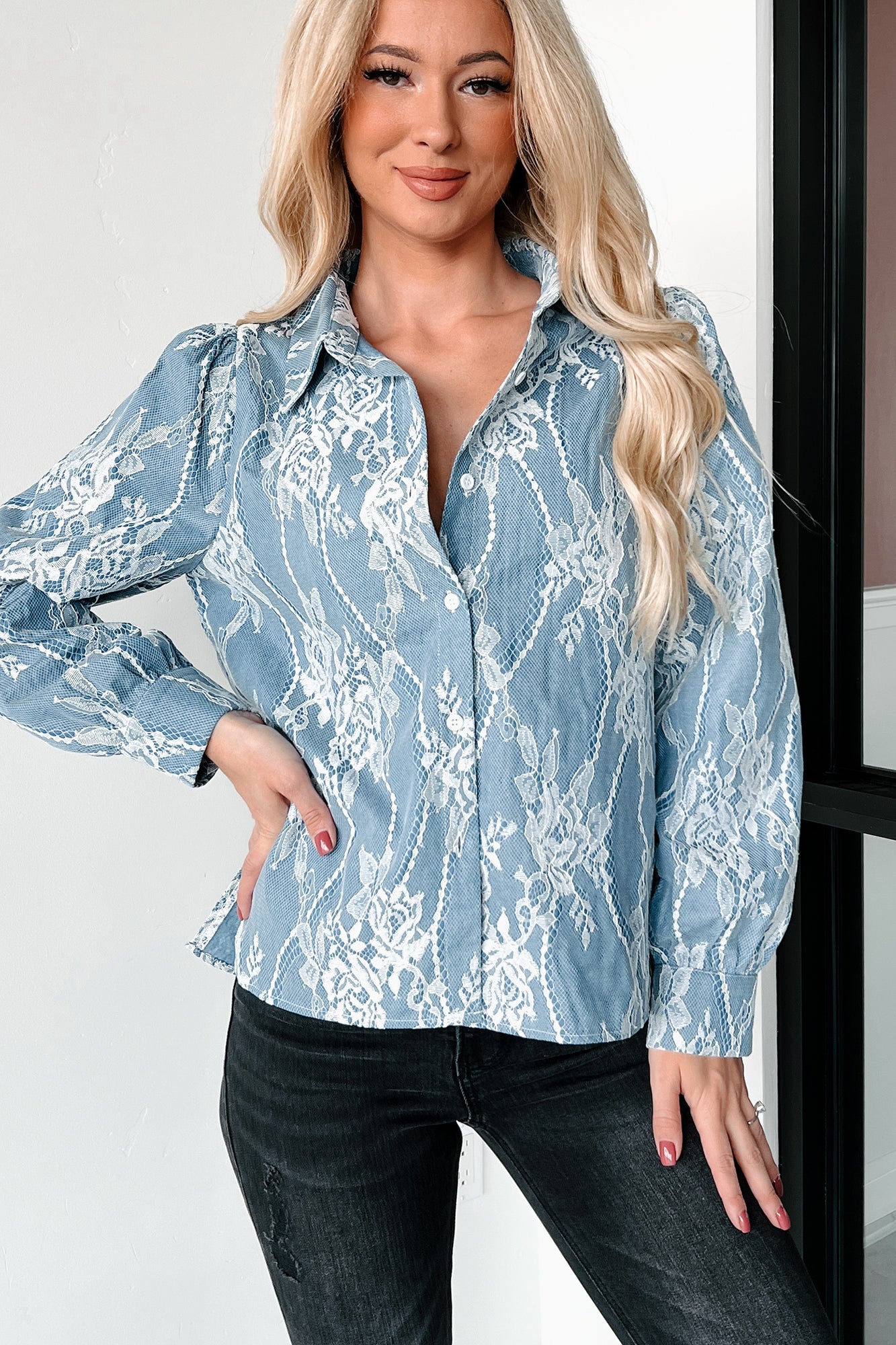 In My Best Interest Floral Lace Blouse (Blue) - NanaMacs