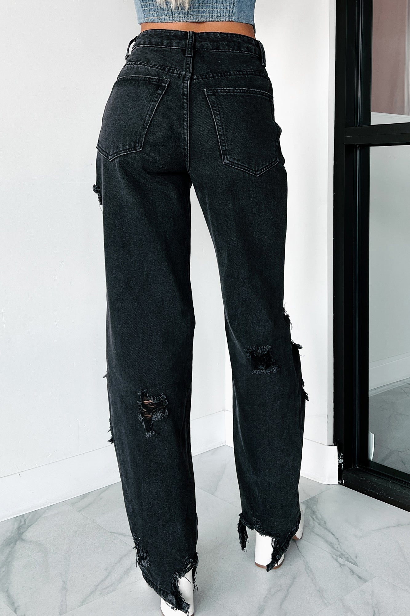 Huntsville High Rise Destroyed Straight Leg Jeans (Washed Black) - NanaMacs