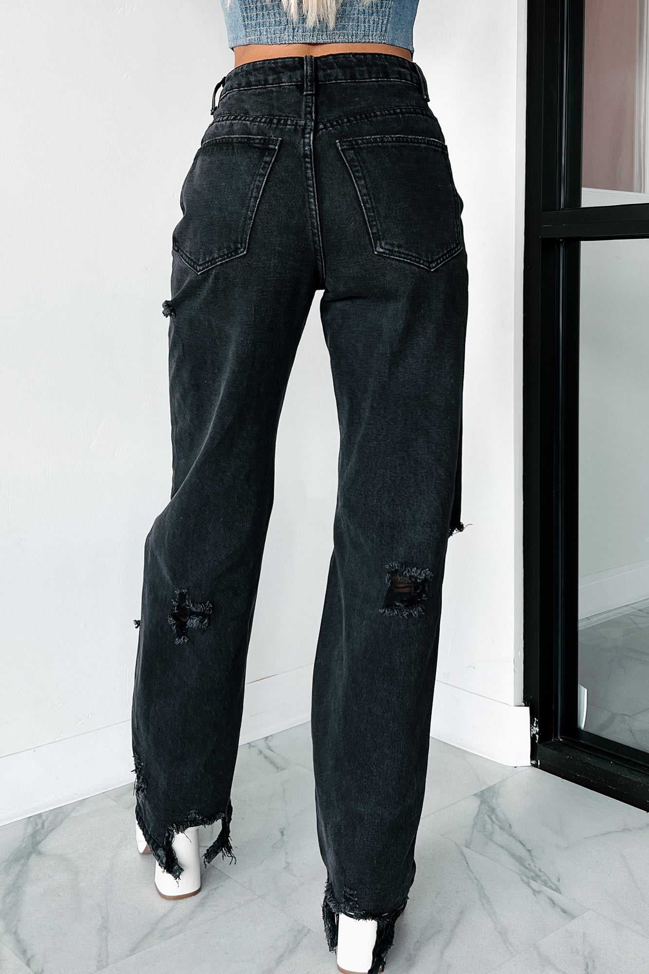 Huntsville High Rise Destroyed Straight Leg Jeans (Washed Black) - NanaMacs