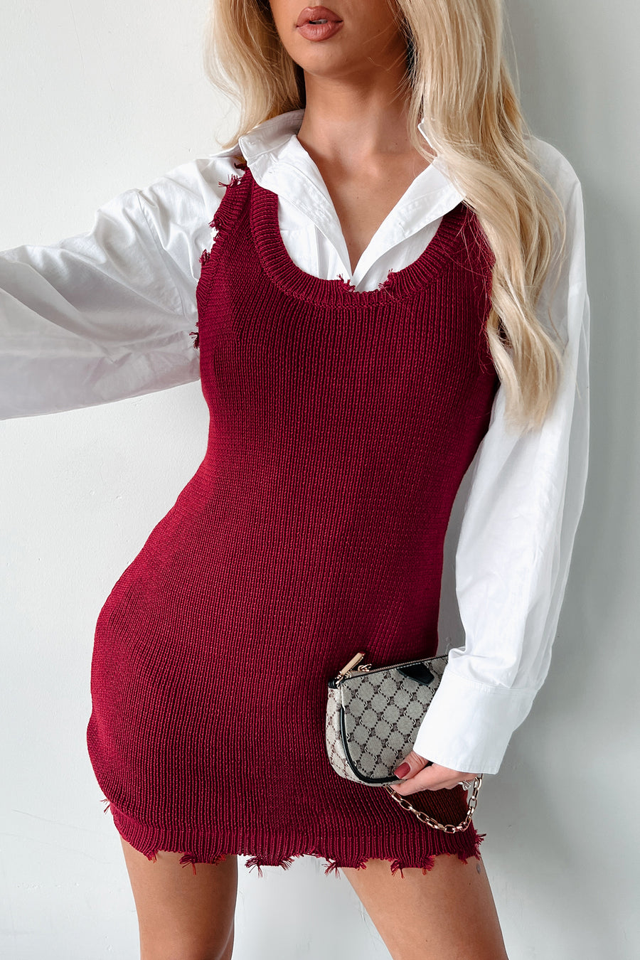 Call Me Cool Distressed Sweater Tank Dress (Maroon)