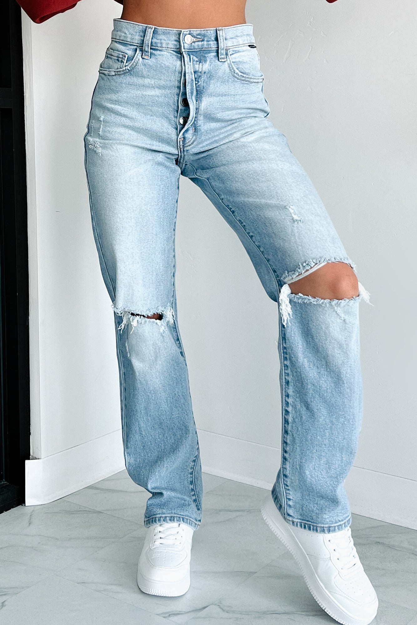 Monty High Rise Distressed Cello Dad Jeans (Light Denim) - NanaMacs