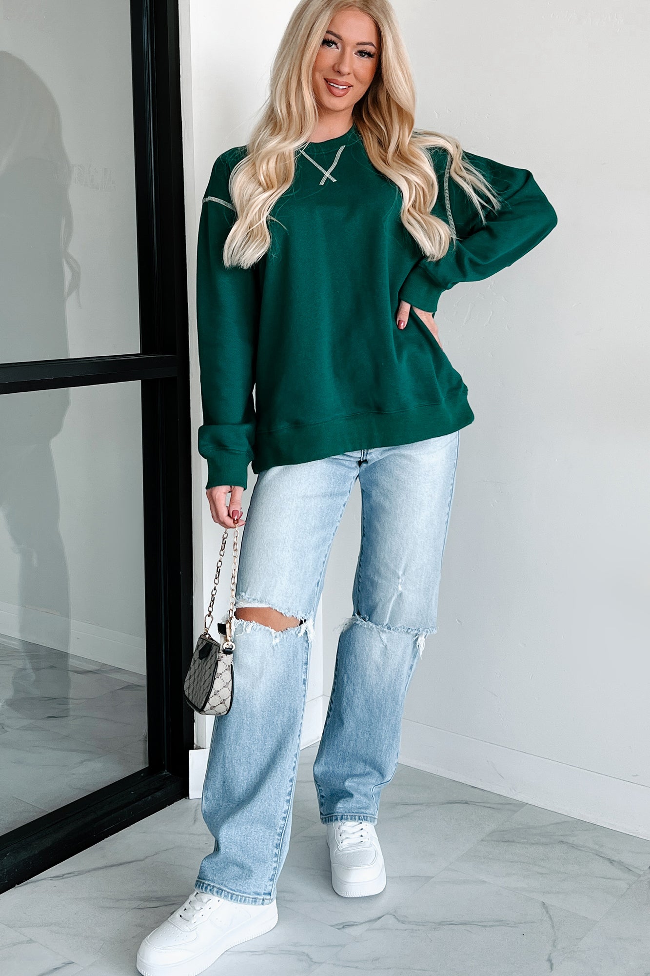 Pressing Pause Oversized Crewneck Sweatshirt (Hunter Green) - NanaMacs