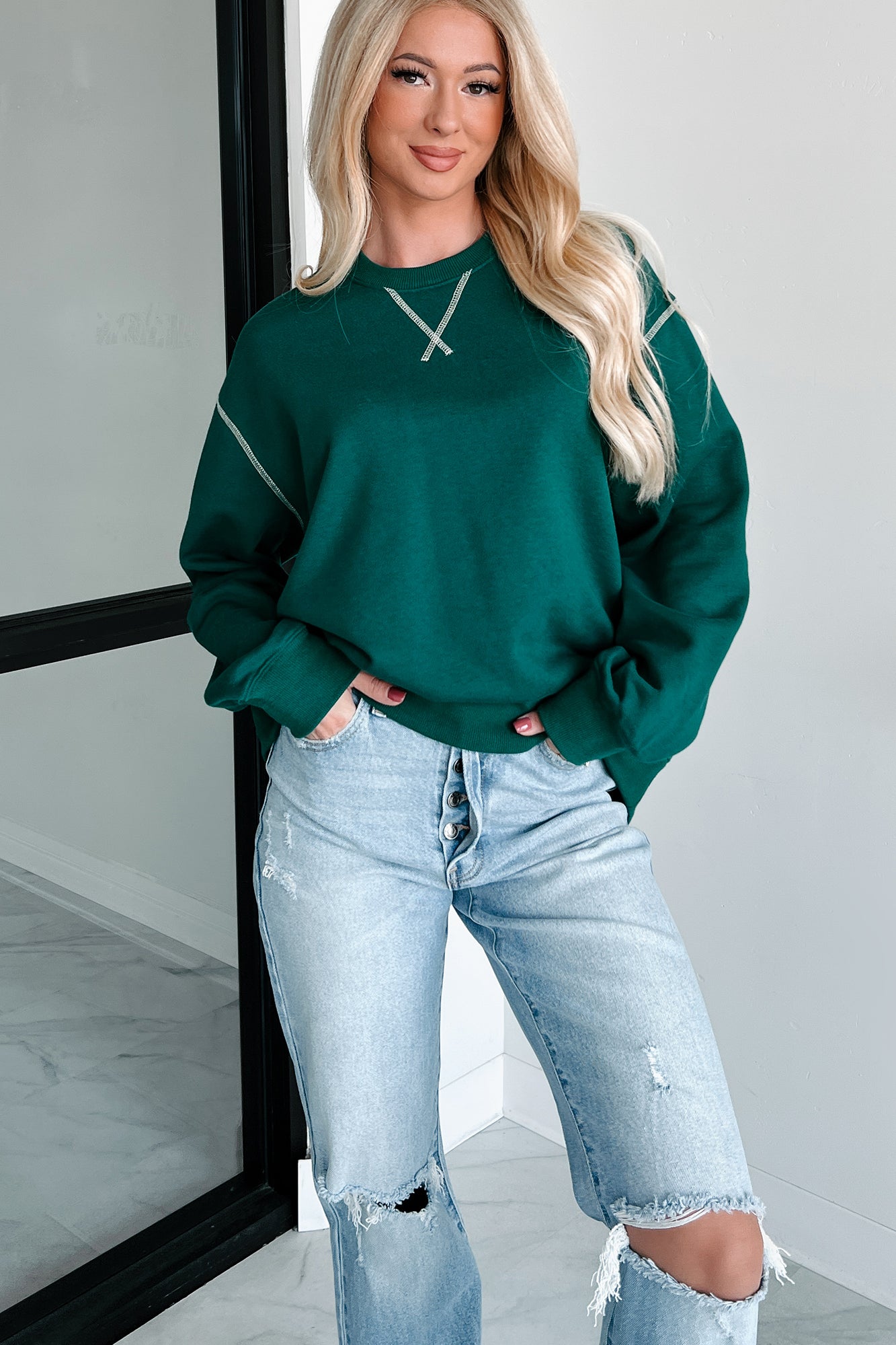 Pressing Pause Oversized Crewneck Sweatshirt (Hunter Green) - NanaMacs