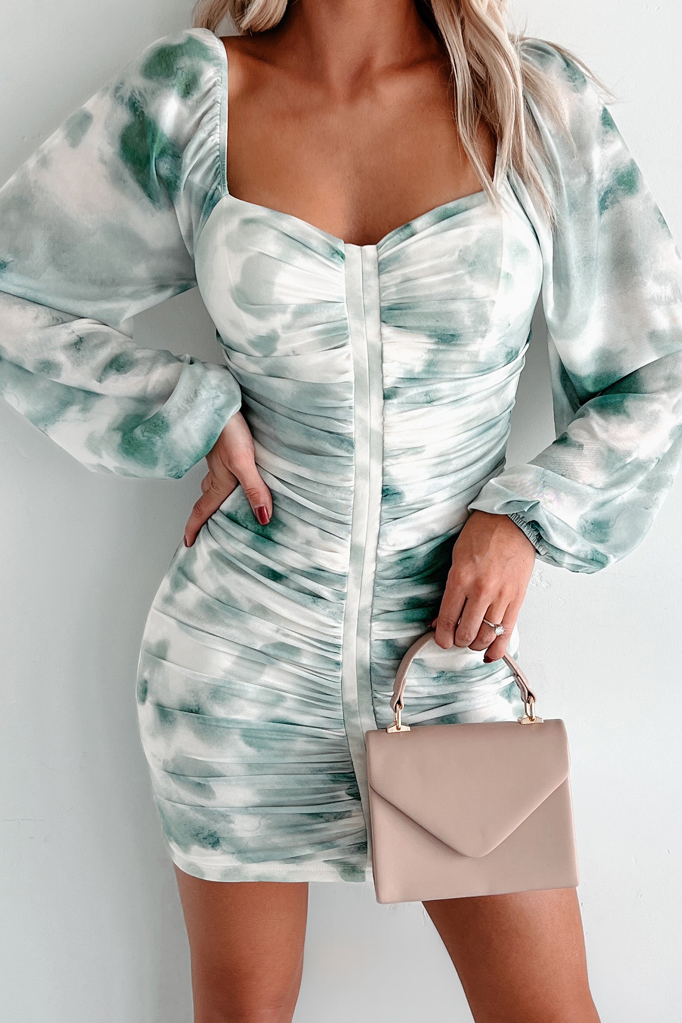 Rewriting The Rules Ruched Mesh Bodycon Dress (Jade Green) - NanaMacs