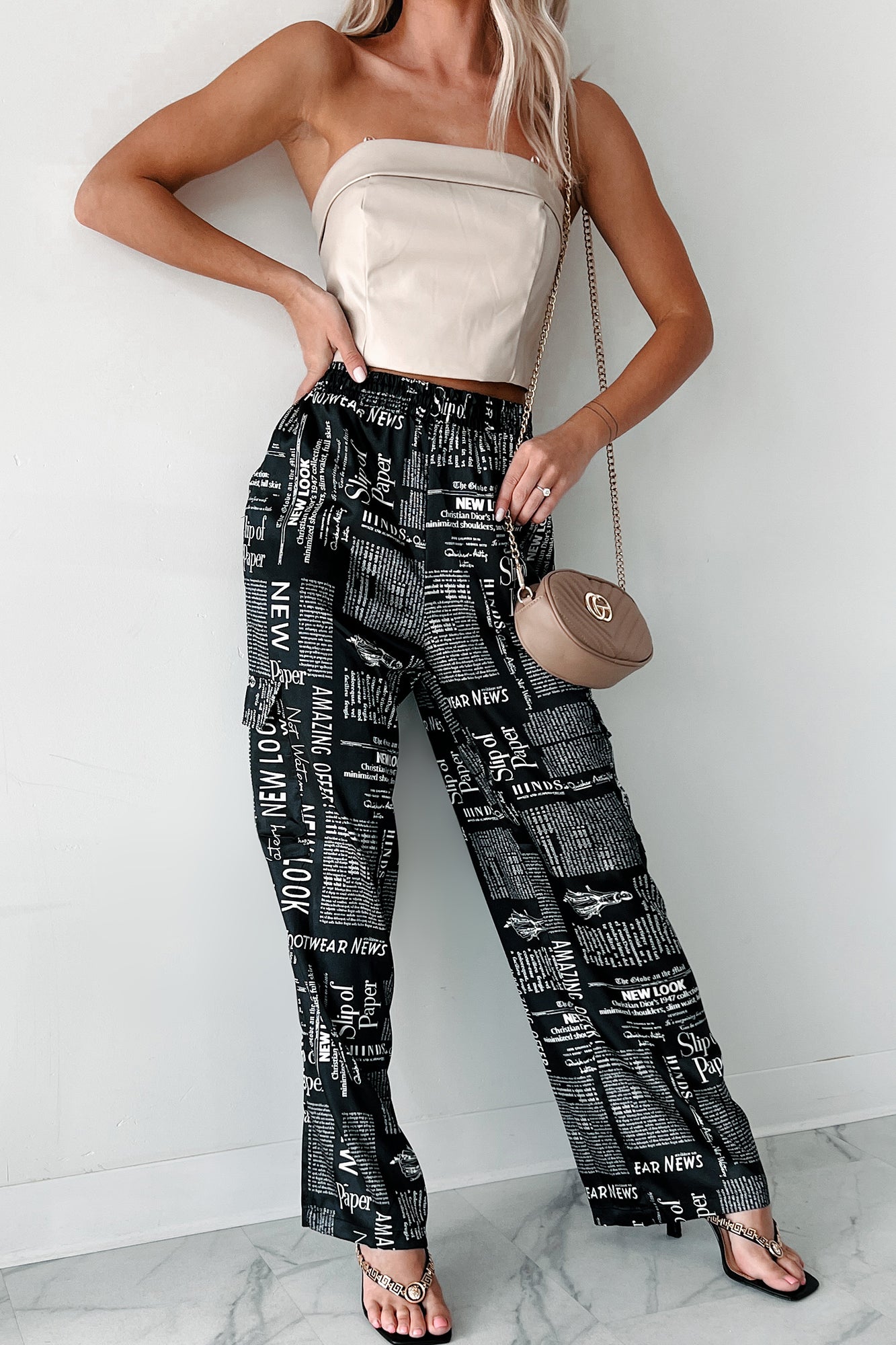 More Than Words Printed Satin Cargo Pants (Black/White) - NanaMacs