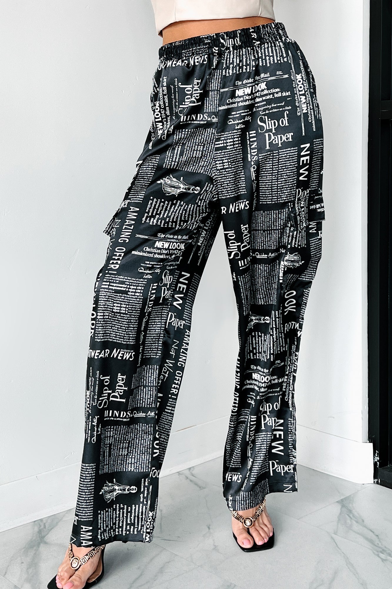 More Than Words Printed Satin Cargo Pants (Black/White) - NanaMacs