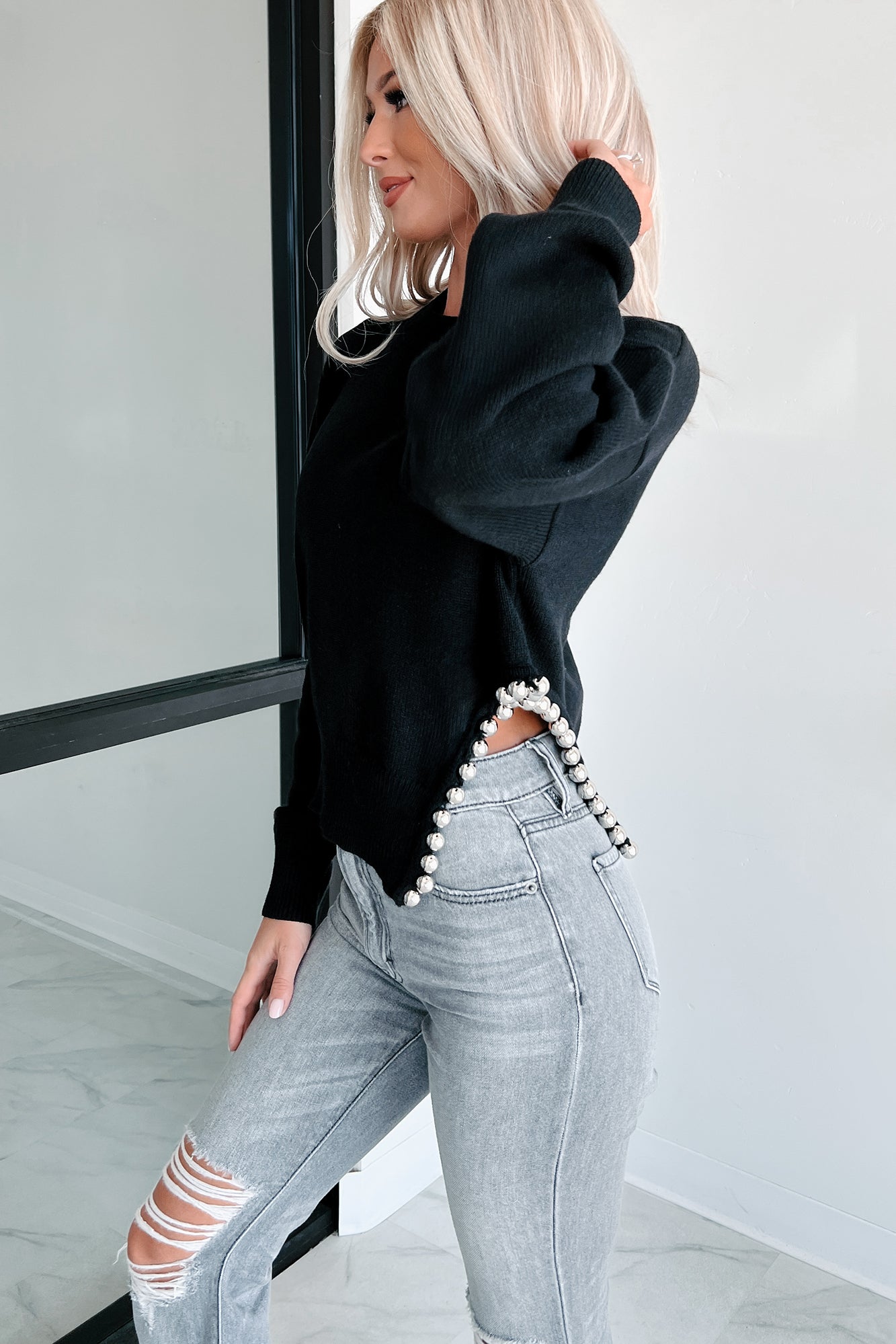 Seeking The Extraordinary Asymmetric Metal Beaded Sweater (Black) - NanaMacs