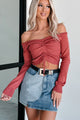 Pour The Merlot Off The Shoulder Ruched Sweater Top (Red Mauve) - NanaMacs