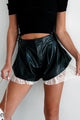 Handle With Caution Lace Hem Faux Leather Shorts (Black) - NanaMacs