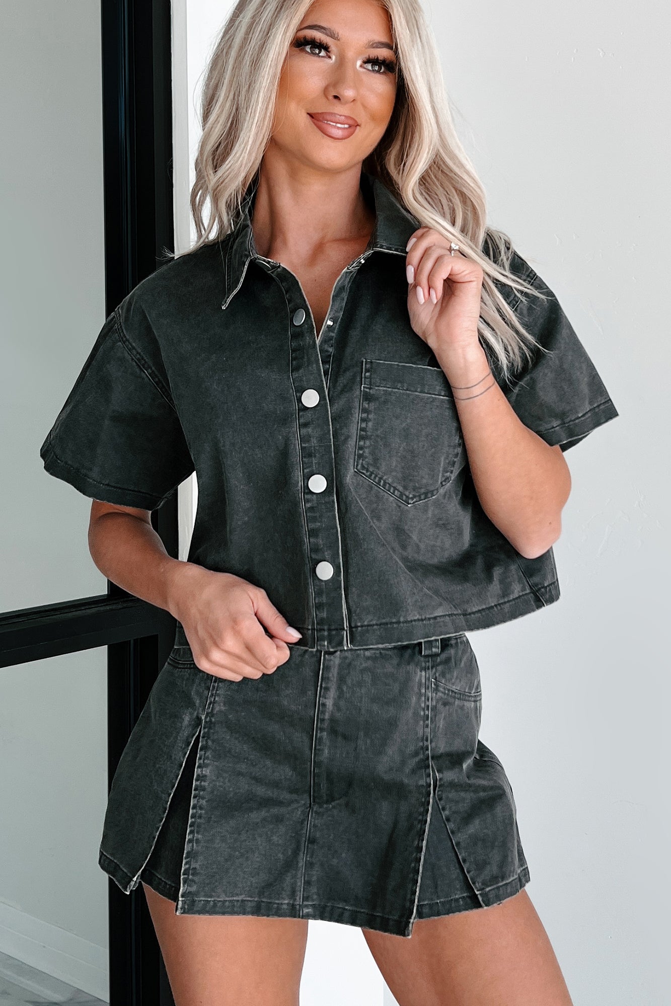 Tory Boxy Denim Button-Up Shirt (Washed Grey) - NanaMacs