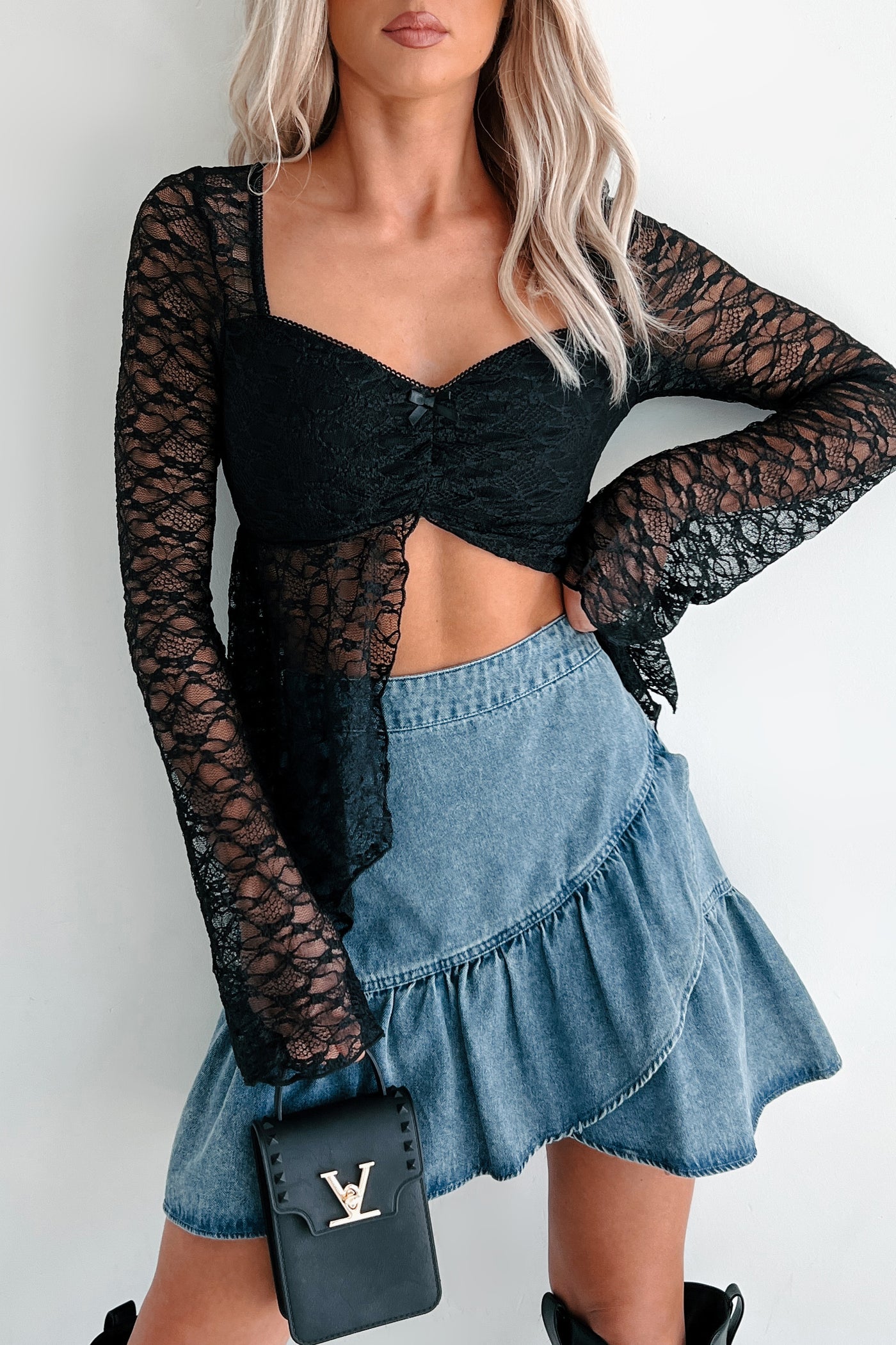 Crooked Halos Lace Split Front Top (Black) - NanaMacs