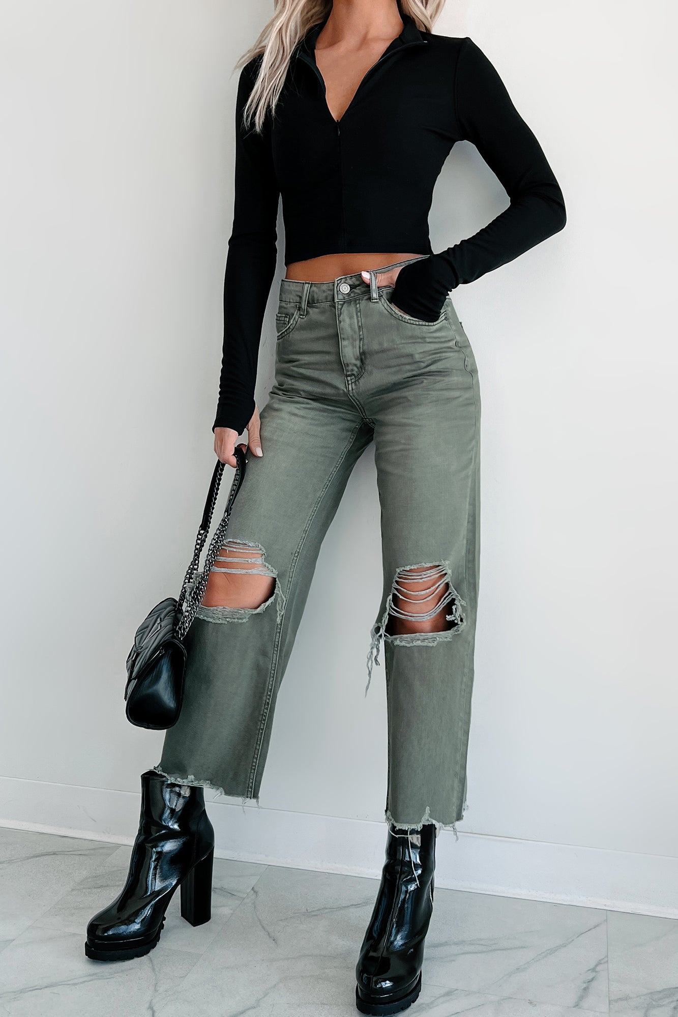 Doyle High Rise 90s Vintage Vervet Crop Flare Jeans (Olive) - NanaMacs