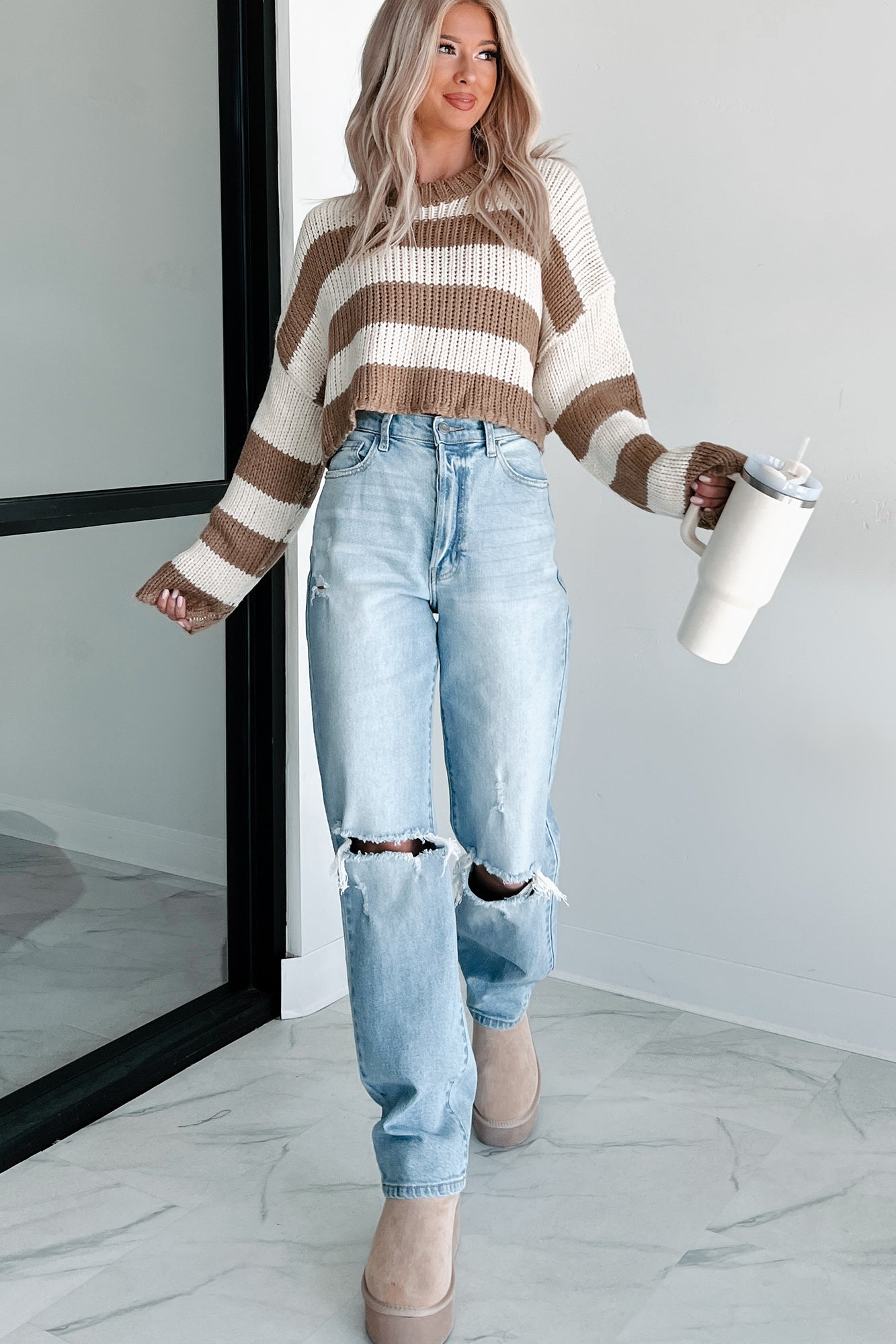 Share Your Story Striped Crop Sweater (Cream/Taupe) - NanaMacs