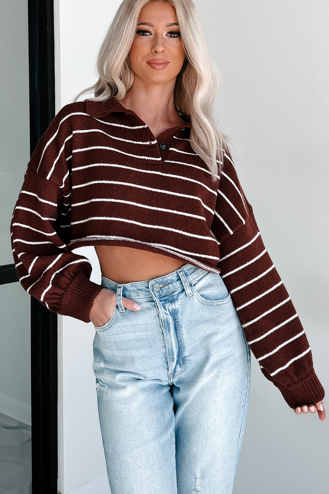 Prioritizing My Peace Collared Stripe Sweater (Dark Cherry) - NanaMacs