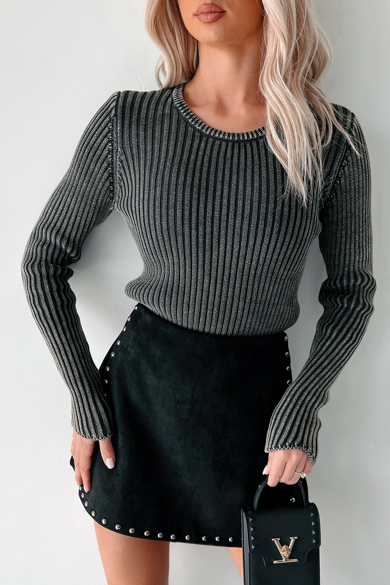 Blurring The Lines Mineral Wash Rib Knit Sweater Top (Black) - NanaMacs