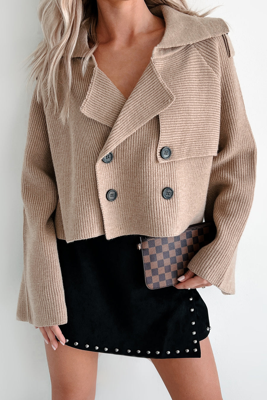 Expressing My Opinion Sweater Knit Crop Trench Jacket (Taupe) - NanaMacs