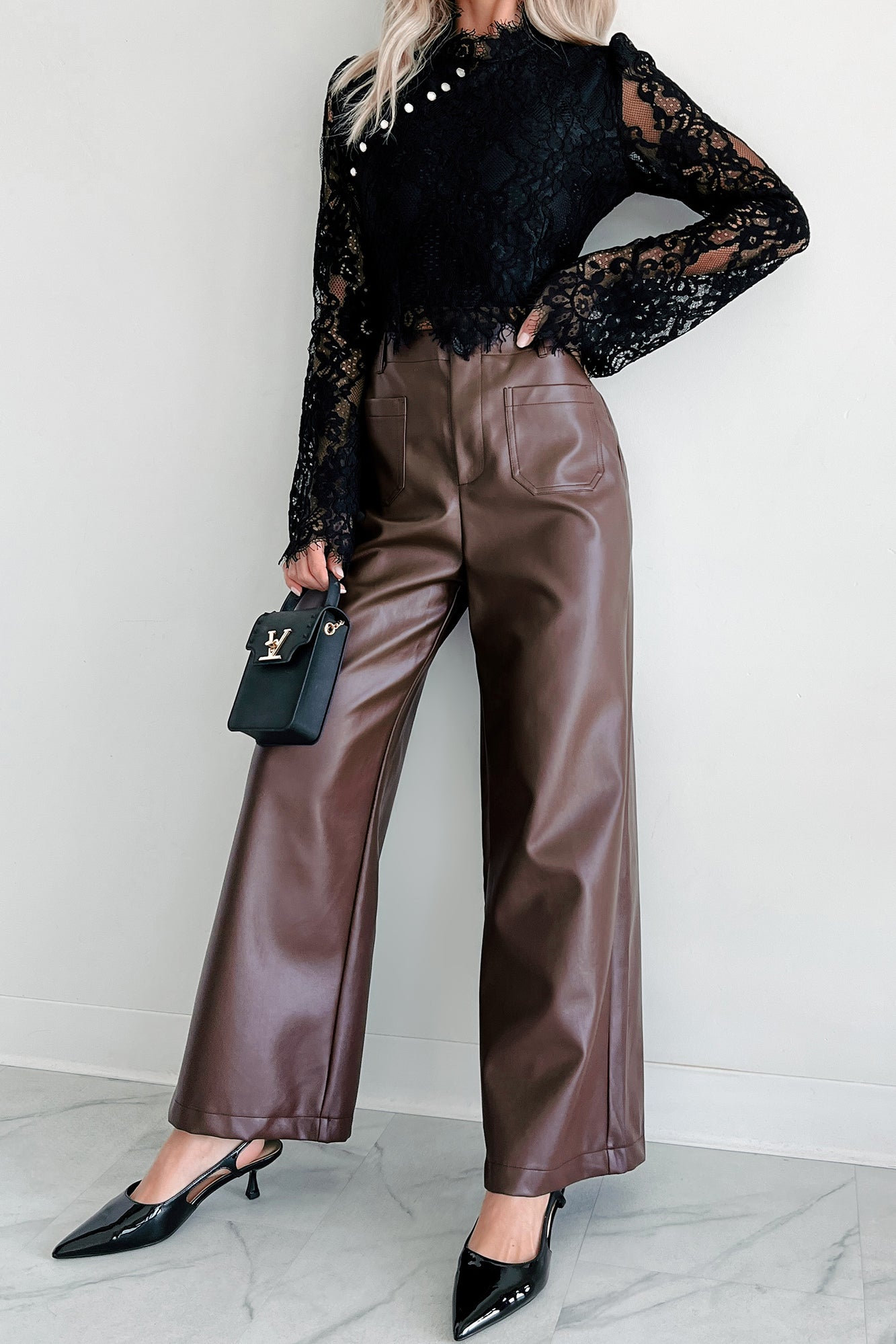 More Than Usual Wide-Leg Faux Leather Pant (Chocolate) - NanaMacs