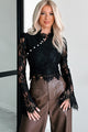 Act Like A Lady Button Detail Lace Long Sleeve Top (Black) - NanaMacs