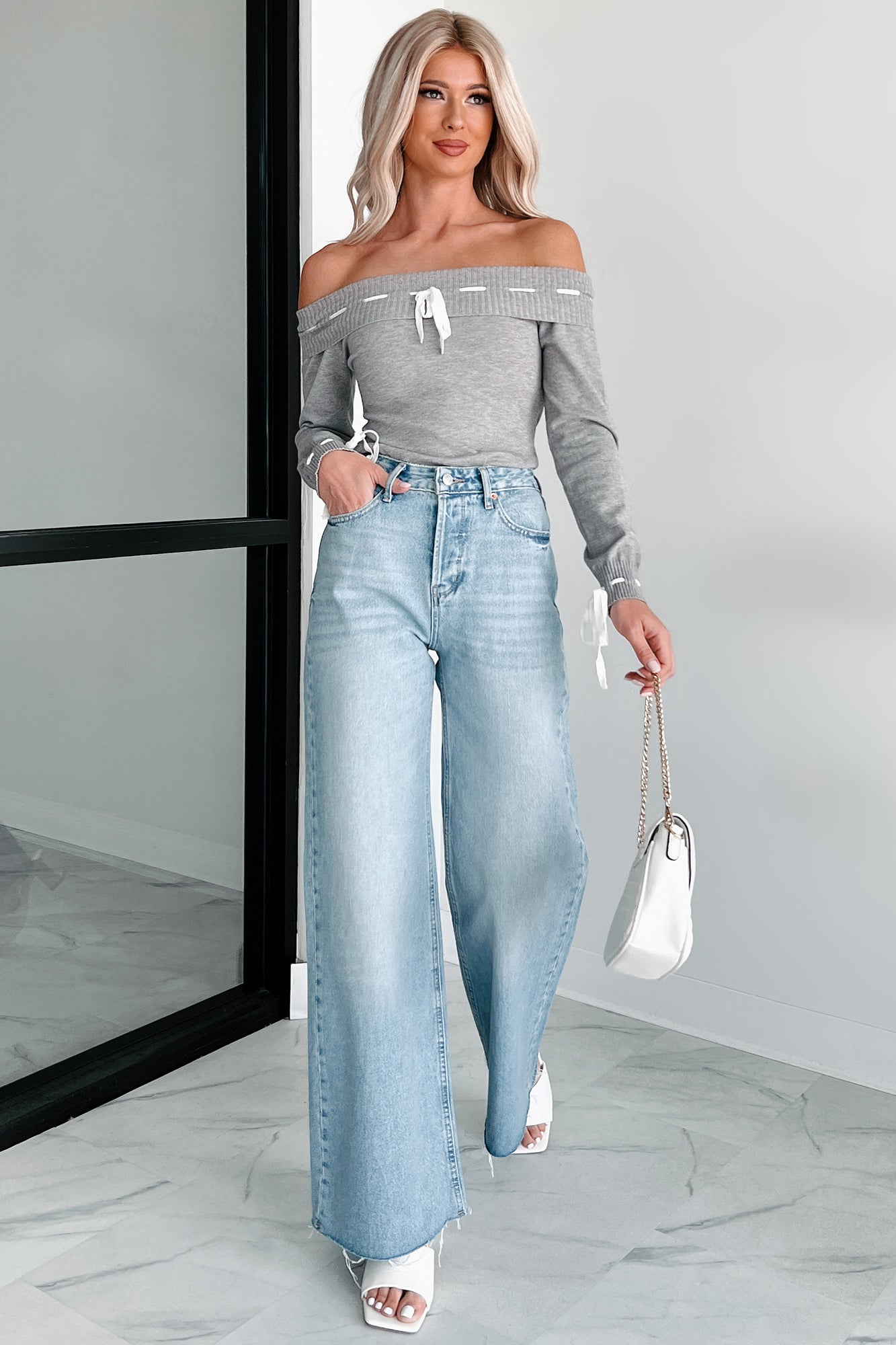 Simple Sentiments Off The Shoulder Contrast Stitch Top (Grey) - NanaMacs