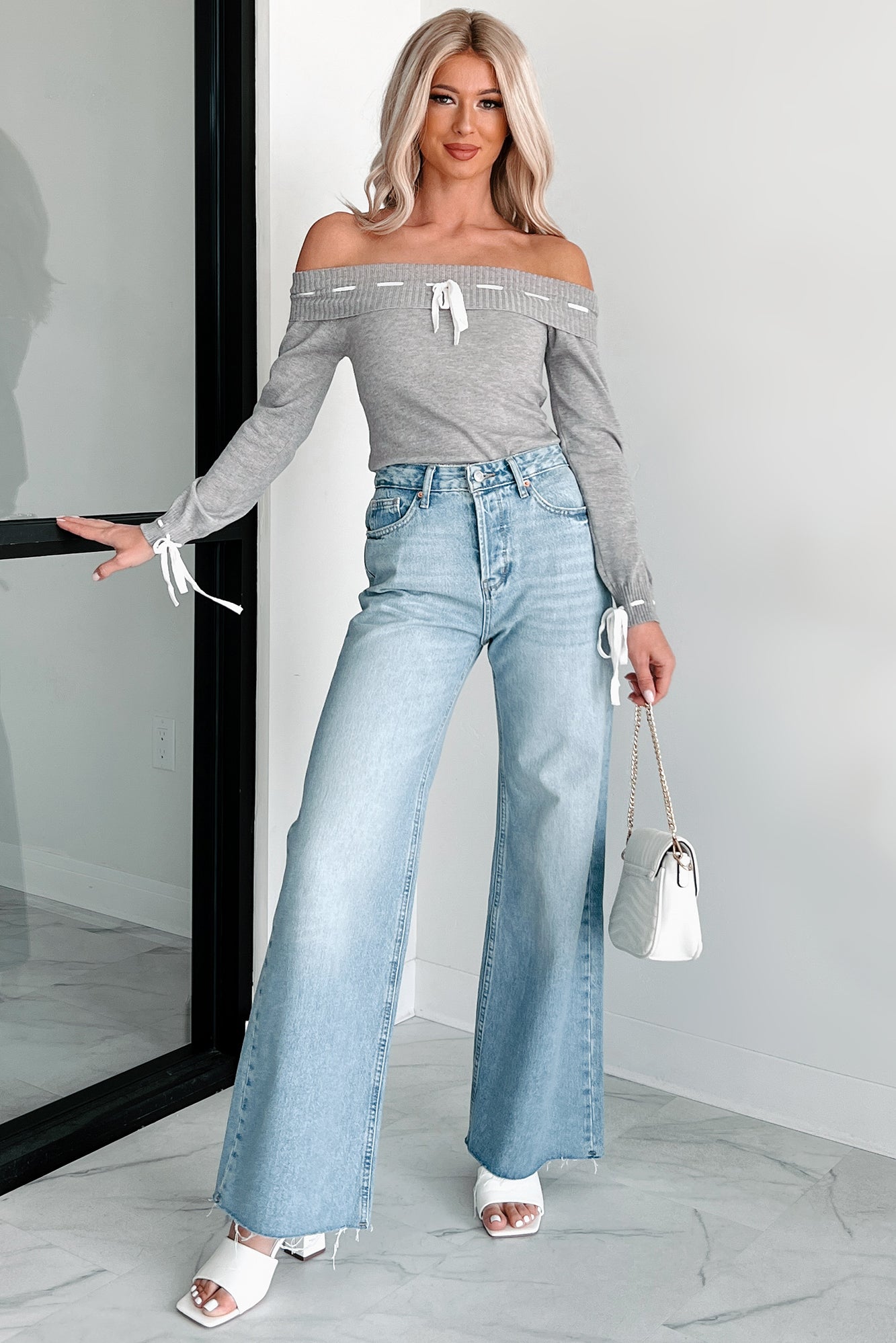 Simple Sentiments Off The Shoulder Contrast Stitch Top (Grey) - NanaMacs