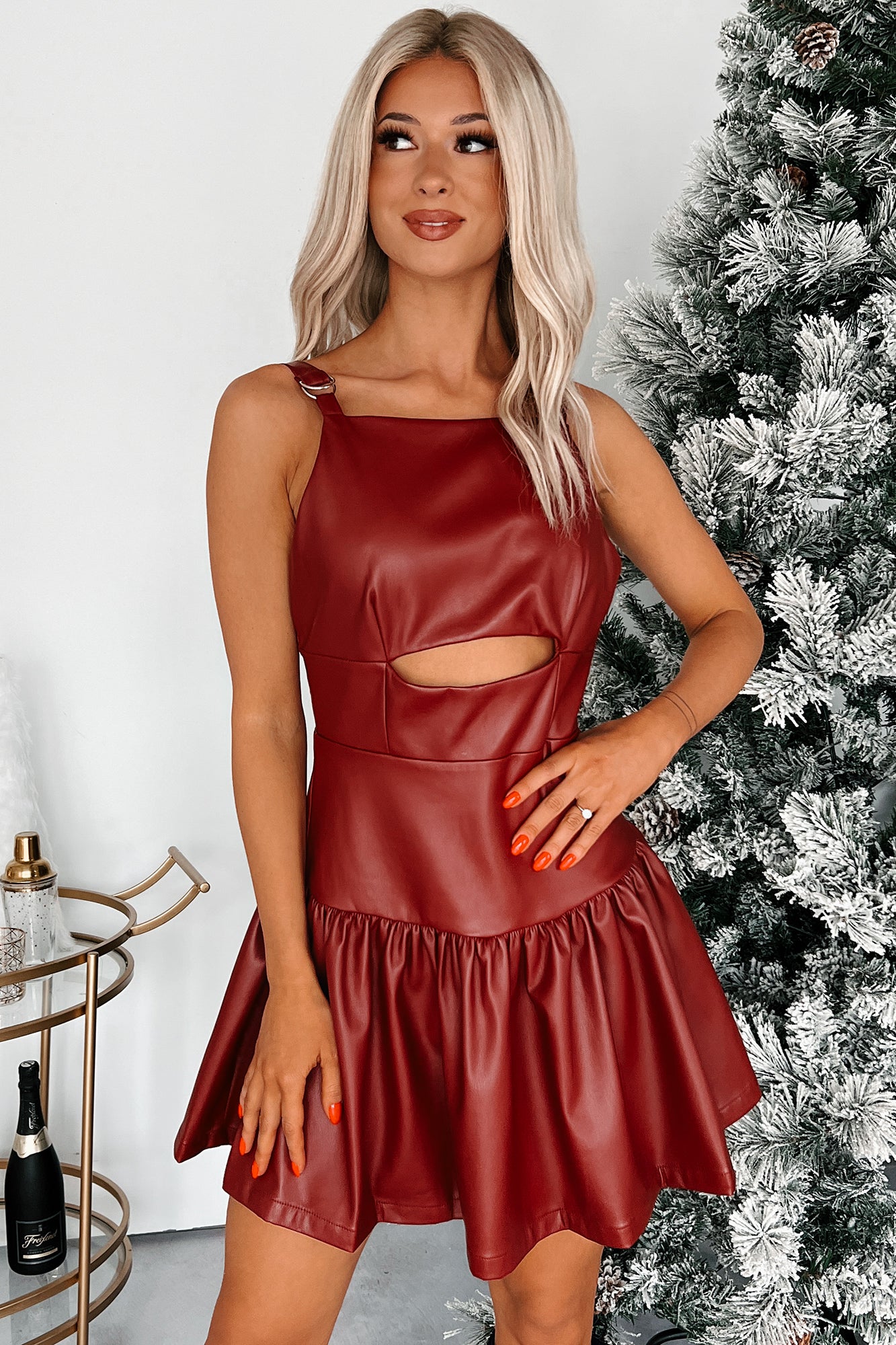 Never The Problem Faux Leather Cut-Out Dress (Burgundy) - NanaMacs
