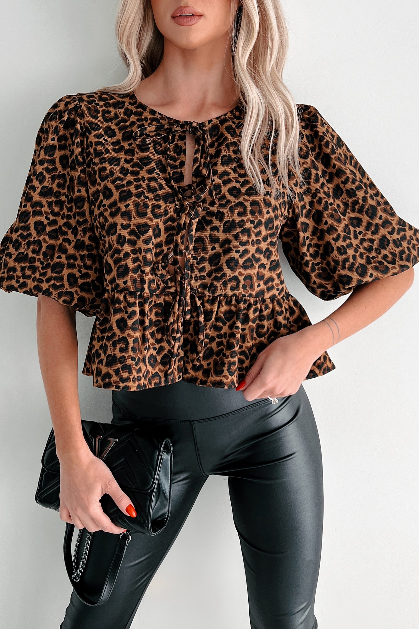 DOORBUSTER Feisty Fashion Front Tie Leopard Print Puff Top