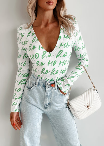 PREORDER Dear Santa NanaMacs Original Printed V-Neck Bodysuit (White/Green) - Ships by 12/2 - NanaMacs