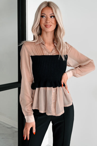 Aubrina Sheer Sweater Contrast Blouse (Mocha/Black) - NanaMacs