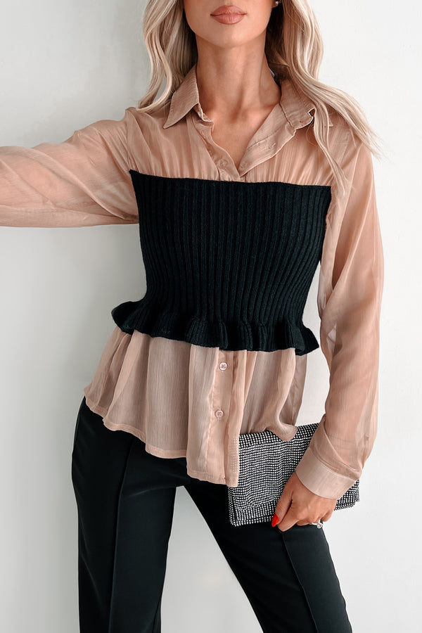 Aubrina Sheer Sweater Contrast Blouse (Mocha/Black) - NanaMacs