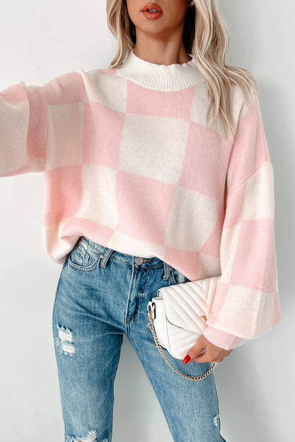 Cafe Meet Ups Checkered Sweater (Pink/Ivory) - NanaMacs