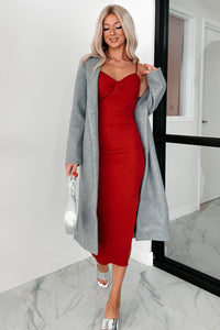 Mon Cheri Twist Knot Ribbed Midi Dress (Red Cranberry) - NanaMacs